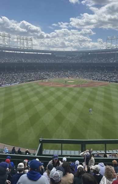 View of the Cubs game at Wrigley Field from the bleachers in early May. 