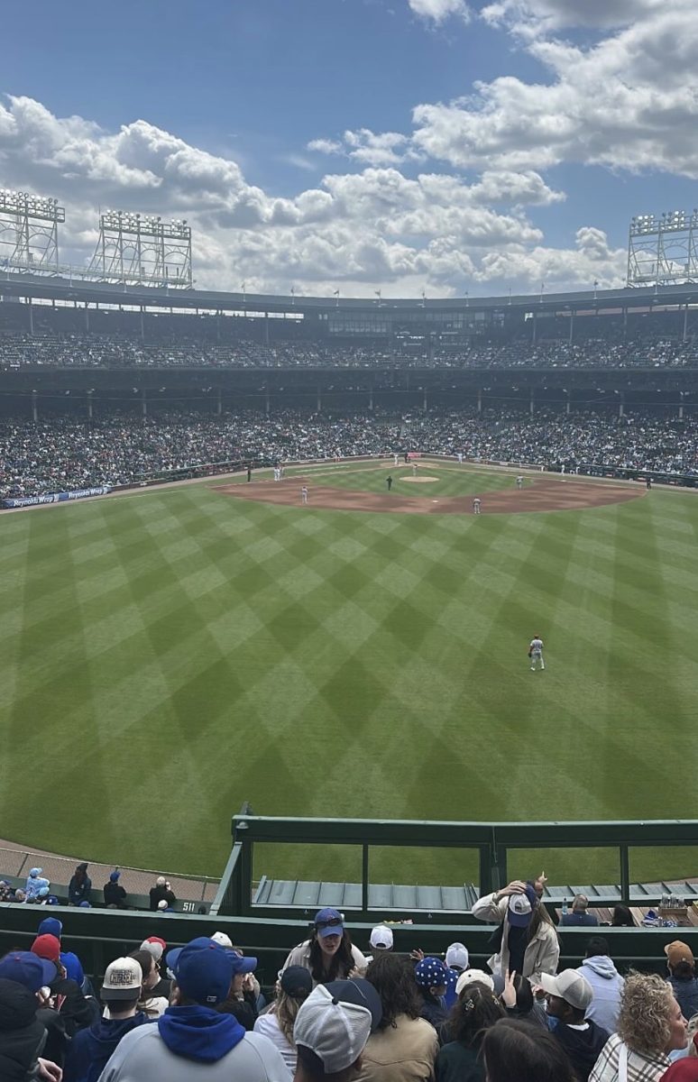 View of the Cubs game at Wrigley Field from the bleachers in early May. 